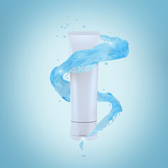 3d rendering of water flow with beauty cosmetic product with clipping path