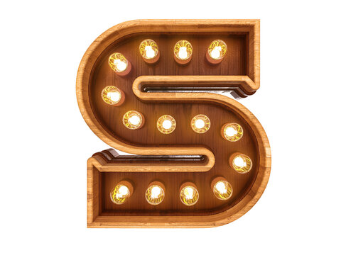 Letter S with realistic light bulbs and wood isolated on white background. 3D illustration.