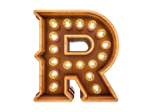 Letter R with realistic light bulbs and wood isolated on white background. 3D illustration.