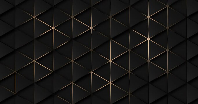 4k Abstract luxury black grey gradient background. Futuristic triangles golden isometric grid. Carbon with gold metallic stripes. Geometric sci-fi graphic motion animation. Seamless loop dark backdrop