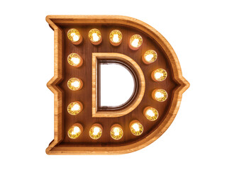 Letter D with realistic light bulbs and wood isolated on white background. 3D illustration. © Ranilson