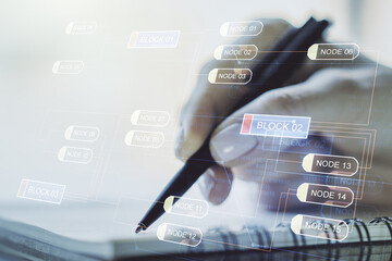 Abstract creative coding concept with man hand writing in notebook on background. Multiexposure