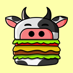 a complete burger with meat and vegetables with a bun in the shape of a cute cow animal. cartoon vector icon concept. Flat Cartoon Style.