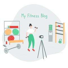 Fitness blogger. Sportswoman broadcasting vlog for followers. Athlete records video set of exercises for her subscribers. Remote workout training concept. Cartoon vector illustration