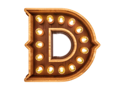 Letter D with realistic light bulbs and wood isolated on white background. 3D illustration.