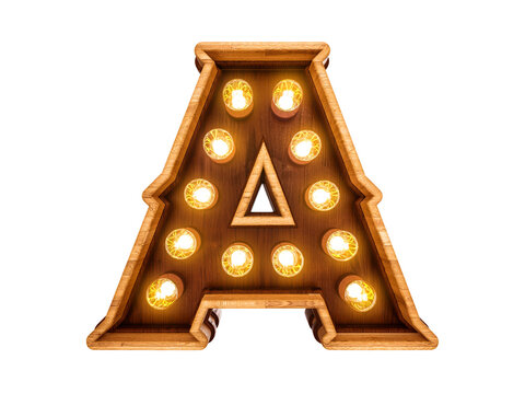 Letter A with realistic light bulbs and wood isolated on white background. 3D illustration.