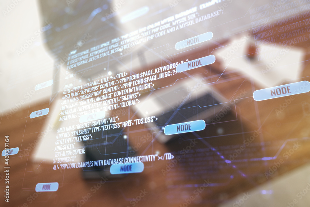 Poster multi exposure of abstract software development hologram and modern desktop with laptop on backgroun