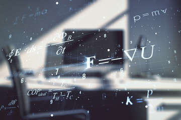 Creative scientific formula hologram and modern desk with computer on background, research concept. Multiexposure