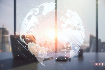 Multi exposure of abstract creative digital world map and modern desktop with computer on...