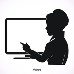 Businesswoman working on a large screen desktop computer while sitting at her desk at the office, view from behind sowing the blank monitor