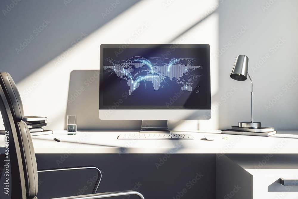 Wall mural modern computer monitor with abstract digital world map with connections, research and strategy conc