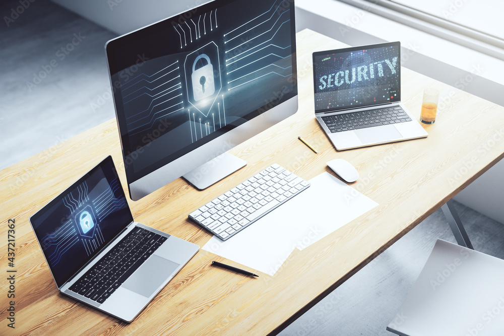 Fototapete computer monitor with creative light lock illustration and microcircuit, cyber security concept. 3d 