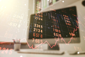 Multi exposure of abstract statistics data hologram interface and modern desk with computer on background, computing and analytics concept