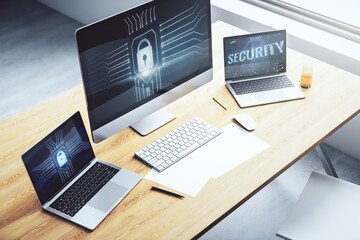 Computer monitor with creative light lock illustration and microcircuit, cyber security concept. 3D...