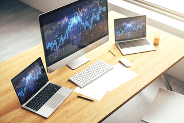 Modern computer monitor with abstract creative financial chart with world map, research and...