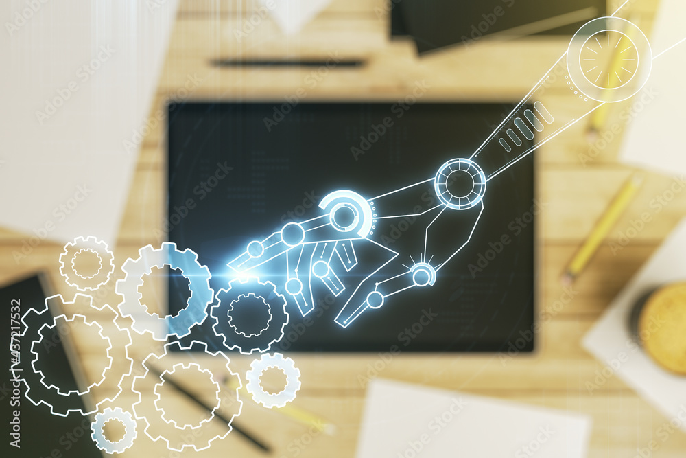Leinwandbilder double exposure of robotics technology hologram and digital tablet on background, top view. research