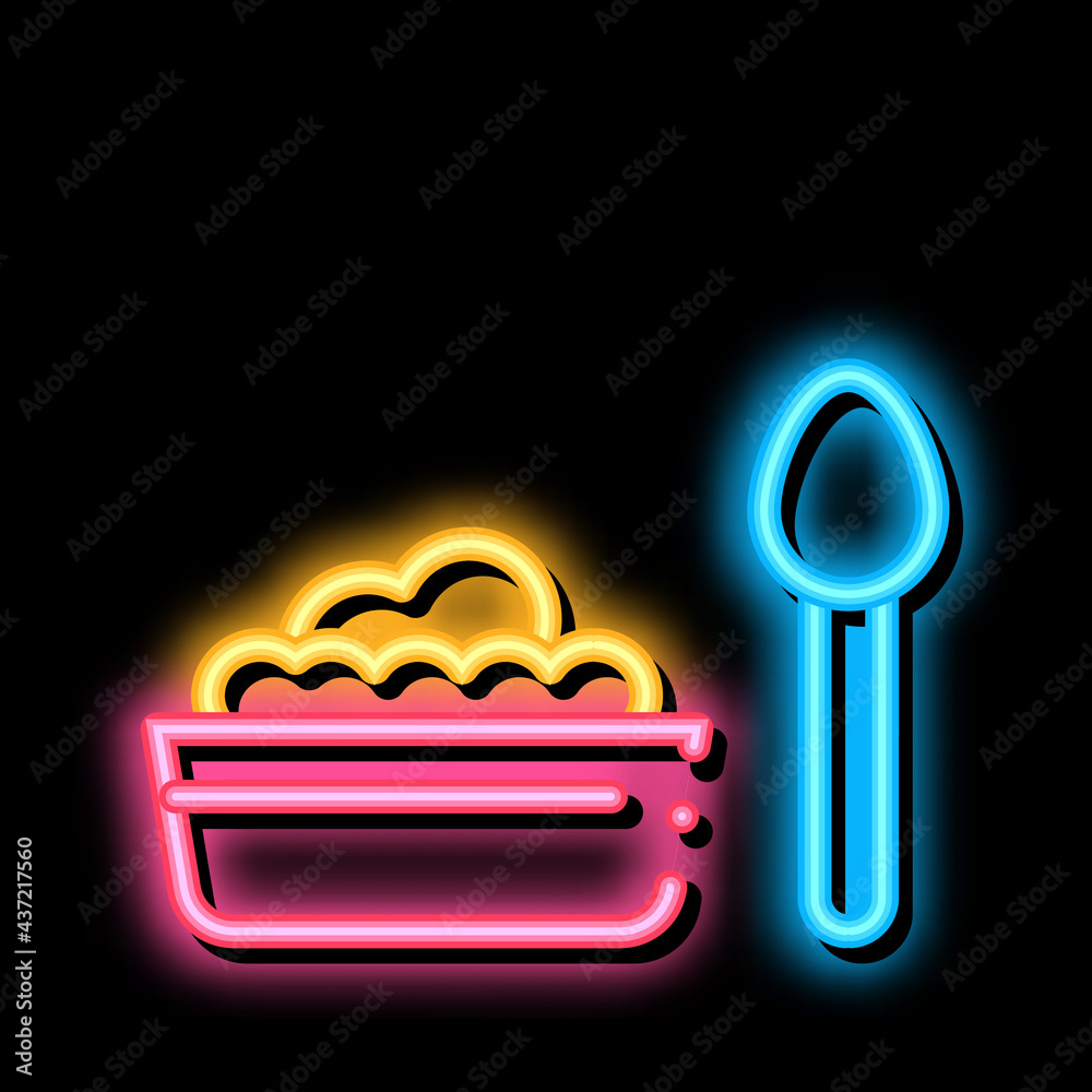 Sticker Food Plate Spoon neon light sign vector. Glowing bright icon Food Plate Spoon sign. transparent symbol illustration