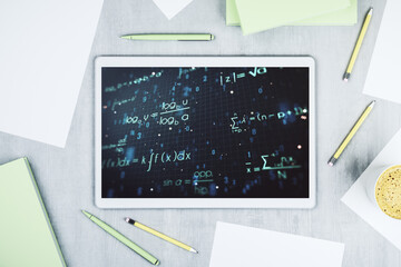 Creative scientific formula concept on modern digital tablet screen. Top view. 3D Rendering