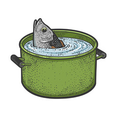 Fish peeks out of a pot of water sketch raster
