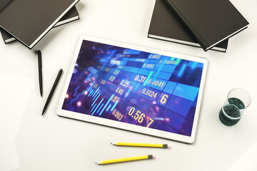 Modern digital tablet screen with abstract financial diagram, banking and accounting concept. Top view. 3D Rendering