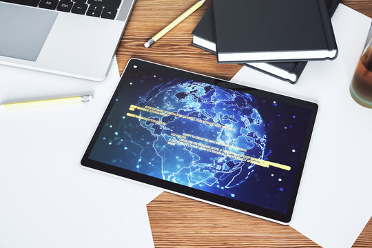Abstract creative coding illustration with world map on modern digital tablet display, international software development concept. Top view. 3D Rendering