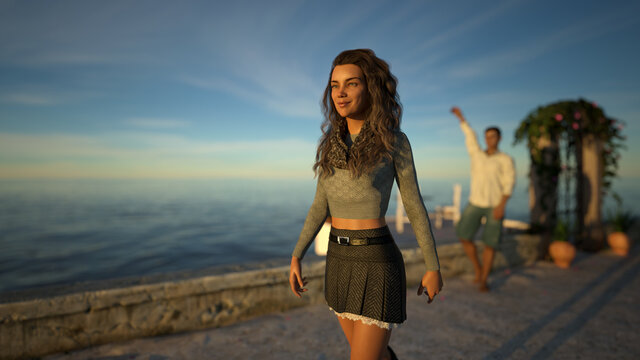 Illustration Of A Woman Walking Away From A Man While Smiling As The Man Waves To Her In The Background Near The Seashore At Sunset