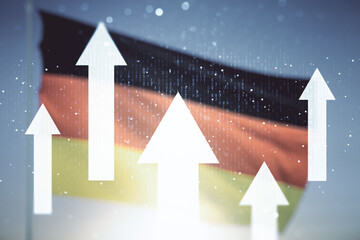 Virtual upward arrows hologram on German flag and sunset sky background, leadership and motivation concept. Multiexposure