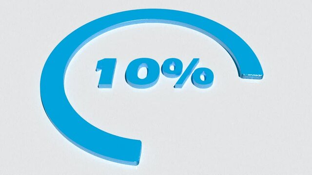 A blue circle turning around 10% write, in blue, on a white background - 3D rendering video clip animation
