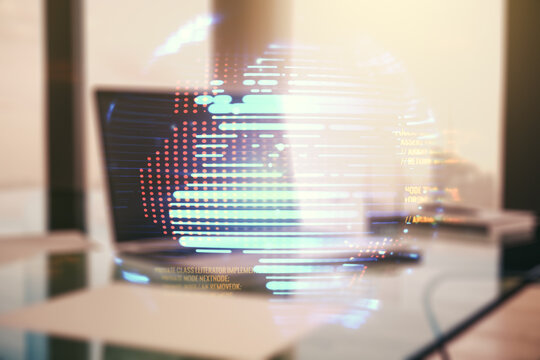 Multi exposure of abstract programming language hologram with world map on computer background, artificial intelligence and neural networks concept