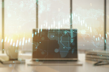 Multi exposure of abstract financial diagram with world map on computer background, banking and accounting concept
