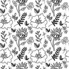 Vector seamless pattern in black and white with flowers, branches and berries.Botanical print in doodle style hand drawn on white isolated background.Designs for textiles,wallpaper,web,packaging.