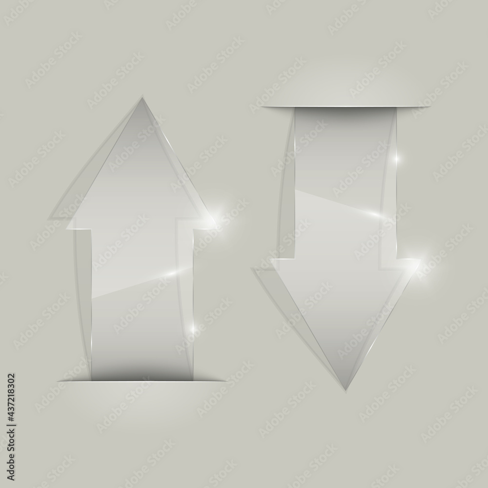 Poster Transparent arrow banners set. Direct glassy shape. Abstract arrows Background. Business infographic presentation diagram. Section compare service. down arrow trend. Paper index. Exact pointer