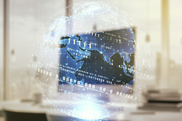 Multi exposure of abstract software development hologram with world map on laptop background, global research and analytics concept
