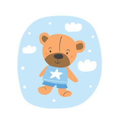 Fototapeta na wymiar Cute vector illustration of the teddy bear with sky, clouds isolated on white. Cute bear vignette illustration in blue colors. Kids illustration for boys