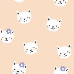 Vector seamless pattern with cute cats faces, flowers on beige background. Cute animal pattern design, perfect for t shirt, textile design for kids. Spring minimalistic pattern