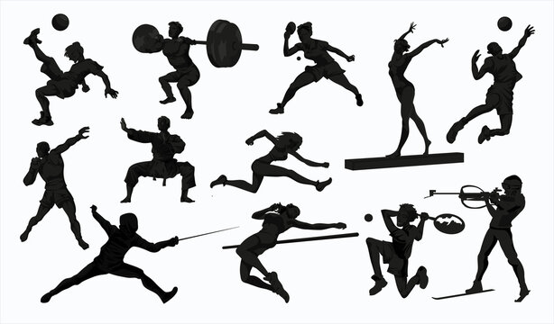 Sport people silhouettes set. Collection of different sport activity. Professional athlet doing sport. Basketball, football,karate,tennis,sprint,gymnastic,weightlifter . Illustration in cartoon style