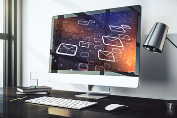 Creative concept of postal envelopes illustration on modern laptop screen. Email and communications concept. 3D Rendering