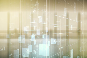 Multi exposure of abstract virtual graphic data spreadsheet sketch on modern interior background, analytics and analysis concept
