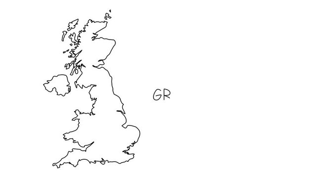 Great Britain map animation line. Black line animation letters drawing on a white background.