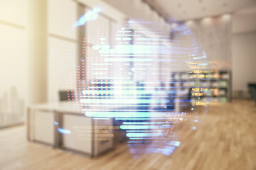 Multi exposure of abstract creative coding sketch and world map on a modern furnished office background, artificial intelligence and neural networks concept