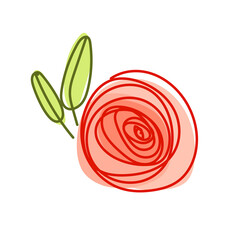 vector drawing of a pink stylized rose with leaves