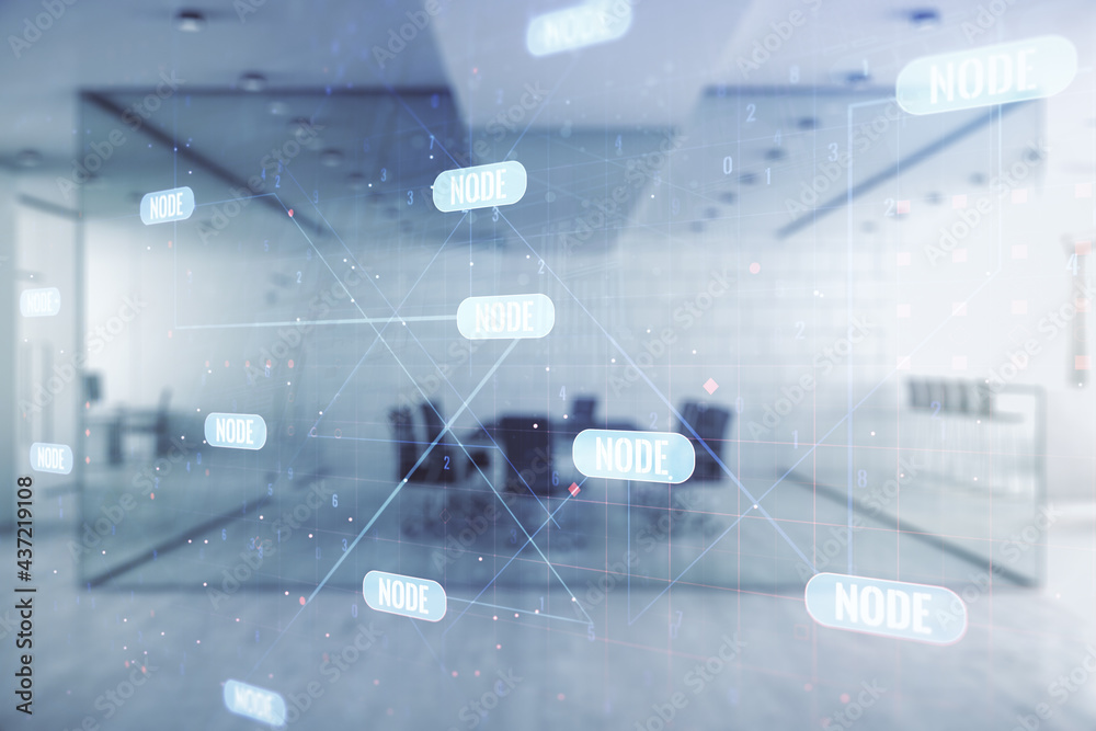 Poster multi exposure of abstract programming language hologram on a modern furnished office interior backg
