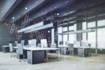 Obraz premium Double exposure of abstract creative financial chart hologram on modern corporate office background, research and strategy concept