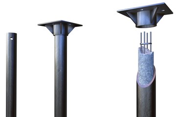 screw foundations fill with cement and reinforcing. isolated conceptual industrial 3D illustration