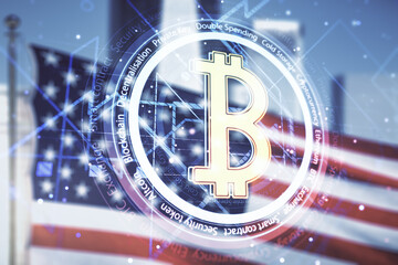 Double exposure of creative Bitcoin symbol hologram on US flag and city background. Mining and blockchain concept
