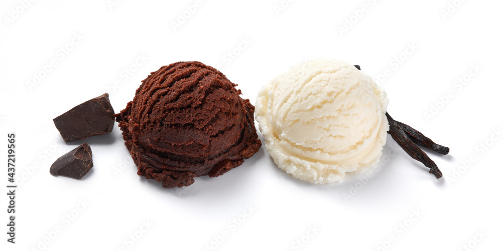 Poster assorted of ice cream scoops on white background. chocolate ice cream and ice cream isolated with ch