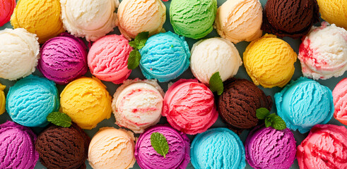 Assorted of scoops ice cream. Colorful set of ice cream of different flavours. Top view of ice...