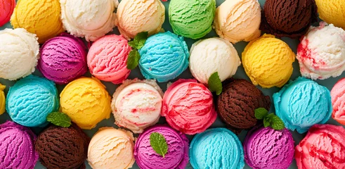 Assorted of scoops ice cream. Colorful set of ice cream of different flavours. Top view of ice cream isolated with mint, sauce © Tatyana Sidyukova