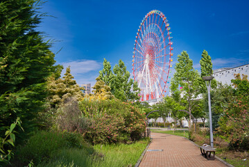 日本の東京にある観覧車と公園