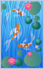 Fototapeta na wymiar Lake with koi carps and pink lotus. Postcard, poster, wallpaper, cover, web, vector illustration.